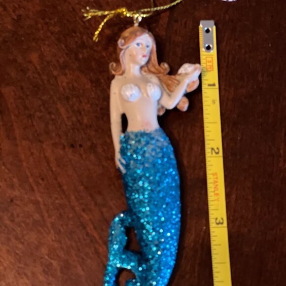 Mermaid resin Hanging Ornament With Blue Sparkle Tail & Gold String - Picture 4 of 5